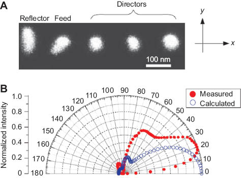 Figure 4 Optical Yagi-Uda nanoantenna with a rotated feeding element driven by a laser beam. (A) Scanning electron microscopy image of the nanoantenna. (B) Measured (solid circles) and theoretically predicted (open circles) radiation patterns of the nanoantenna. Adapted with permission [13]. Copyright 2010, Nature Publishing Group.
