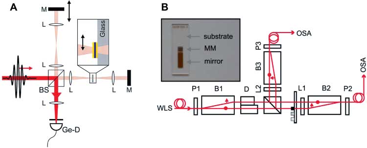 Figure 8 (A) Scheme of the experimental setup to measure the phase of transmission and reflection. A Michelson type of interferometer is used to detect propagation features of light pulses through thin films of MMs. M, mirror; L, lens; BS, beam splitter; Ge-D, germanium photodetector. The MM is on a substrate surface and can be moved in or out of the optical path. Reprinted with permission from Ref. [158], ©2006 by American Association for the Advancement of Science. (B) Interferometric setup to probe simultaneously transmission and reflection of samples. A polarization interferometer is used that allows to have a reference beam close to the sample. P1, P2, P3, polarizers; B1, B2, B3, beam displacers; L1, L2, half-wave plates; D, delay element. The insert shows the configuration of the experimental chip. Reprinted with permission from Ref. [153], ©2010 by Optical Society of America.