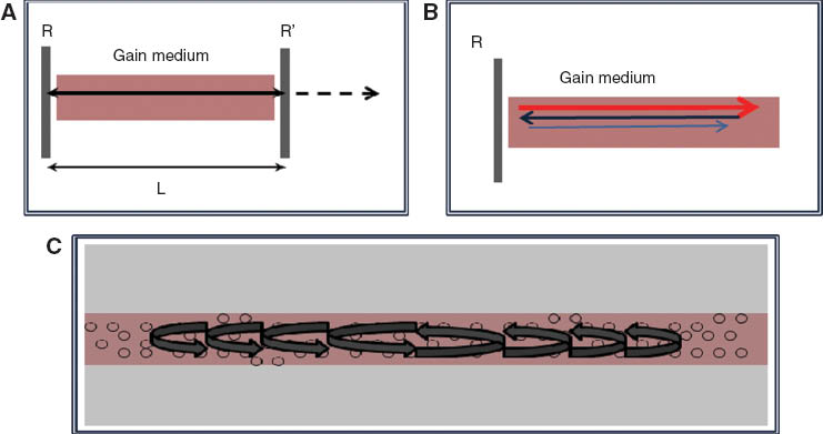 Figure 5 Illustration of three different laser cavities: (A) conventional resonant cavity, (B) one reflector cavity and (C) random cavity.