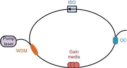 Figure 8 Example of a ring cavity fiber laser (OC - optical coupler and WDM – wavelength division multiplexer).