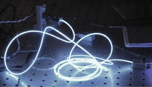 Figure 12 White colors light diffusing fiber with 445 nm laser diode as a source and with “effective length” ~1.5 m. The color conversion of blue light to white is done using Ce-YAG phosphor placed in the coating of the fiber. The diameter of the fiber is 500 mm, glass core diameter 125 micron.