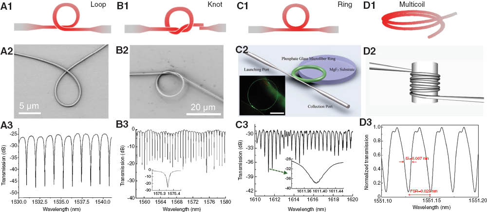 Figure 13 Optical MNF resonators.Schematics of loop (A1), knot (B1), ring (C1) and multicoil (D1) resonators. (A2) SEM image of a loop resonator. (B2) SEM image of knot resonator using a 520-nm-diameter silica MNF (Ref. [10]). (C2) Schematic of a MNF ring resonator supported on MgF2 substrate. Inset is optical microscope image of launching a 532-nm-wavelength light into a fusion spliced 1.34-mm-diameter phosphate glass MNF ring cavity (Ref. [56]). (D2) Schematic of an optical-rod-wrapped MNF multicoil resonator (Ref. [139]). Typical transmission spectra of loop (A3, Ref. [43]), knot (B3, Ref. [41]), ring (C3, Ref. [56]), and multicoil (D3, Ref. [137]) resonators.