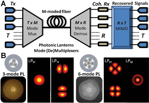 Figure 7 A. Coherent SDM with electronic MIMO processing (T<=M<=R). B. 3- and 6-moded photonic lanterns mode multiplexers for low-loss SDM coupling fabricated at the University of Sydney, optical photographs and calculated modes.