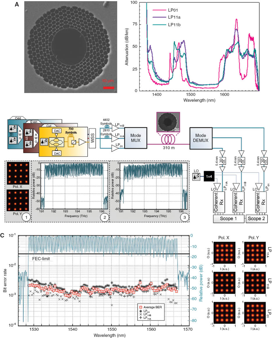 Figure 10 (A) SEM of the 37c fiber used for high capacity MIMO-based MDM transmission along with a modally resolved loss measurement showing increasing loss with increasing mode order. (B) Experimental set up for MDM transmission with inset showing both the WDM channel allocation and input 16 PDM:QAM constellation diagram. (C) Transmission results showing successful 96 WDM channel, 6-mode (3×MDM×2PDM), 25 GBaud/s 16 QAM transmission over 350 m of HC-PBGF [55].
