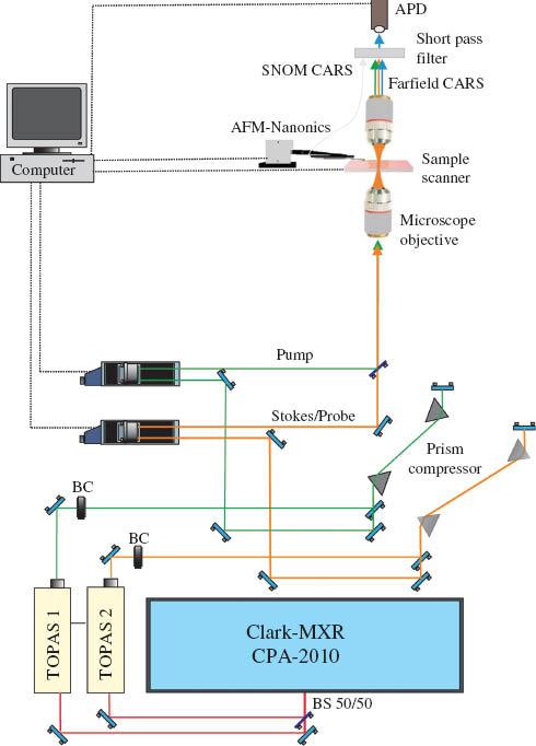 Figure 1 The near-field pump probe and CARS experimental scheme.