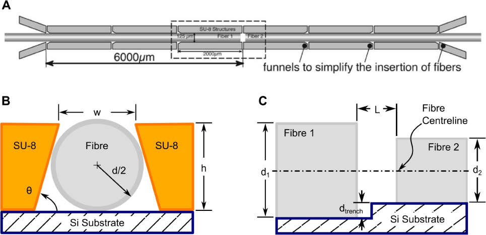 Fig. 14 (A) Top view of a fiber alignment structure (Source: [72]). (B) To effectively grip the fiber in the alignment structure and minimize out of plane movement, the SU-8 structure should be high enough and at an angle less than 90∘ with respect to the substrate. The undercut in the SU-8 is achieved by tailoring the exposure, proximity gap, development, and bake parameters in the lithographic process. (C) To align fibers with different diameters, a channel of depth dtrench = (d1 − d2) /2 can be etched in the substrate on one side of the chip only.