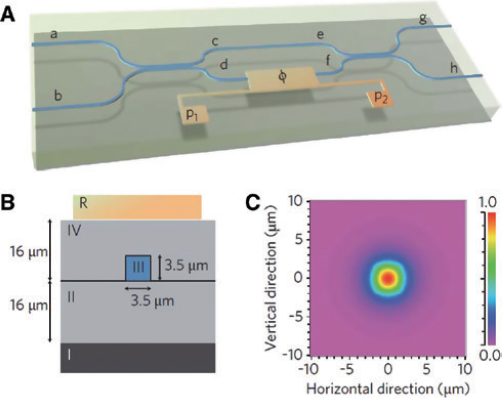 Figure 1 (A) Schematic of a waveguide interferometer. (B) Cross-section view of the waveguide structure. (C) A simulation result of the optical mode in the waveguide [22].