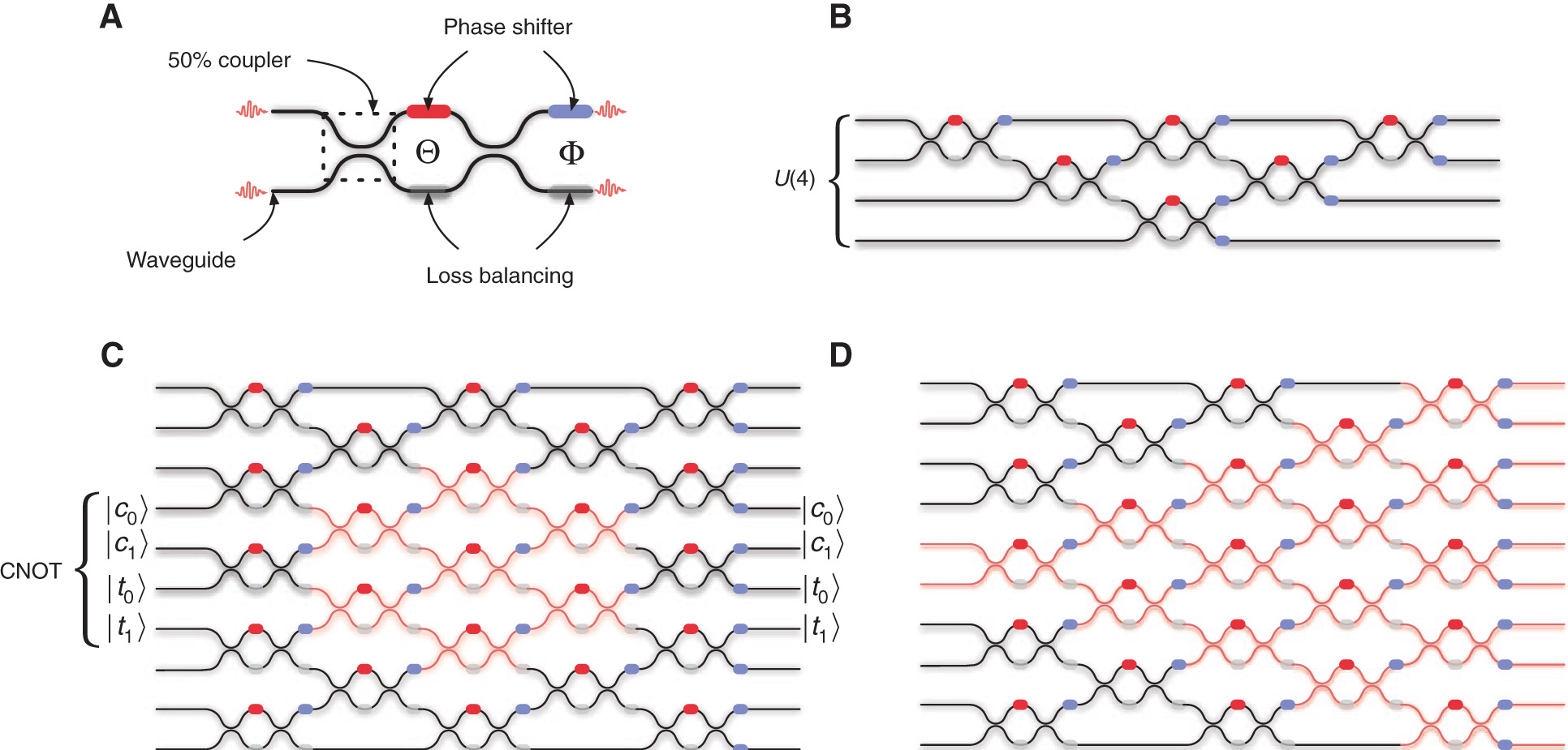 Figure 2 A programmable photonic circuit. (A) RBS unit cell. (B) Mesh of RBS unit cells implementing an arbitrary four-dimensional, single-particle unitary transformation. (C) Footprint for an embedded postselected CNOT gate with control and target modes labeled as |c0,1〉 and |t0,1〉, respectively [28]. (D) Footprint of circuit for exploring quantum transport phenomena [49].
