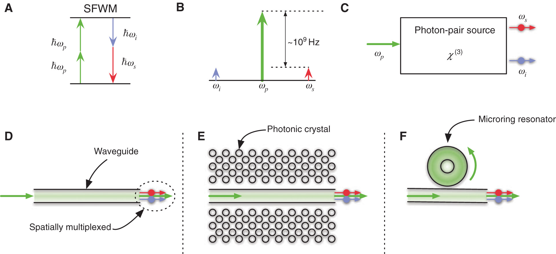 Figure 5 Integrated SFWM structures. (A) SFWM process. Two photons of energy ħωp are annihilated, creating a pair of quantum-correlated photons of energies ħωs and ħωi, respectively. (B) Schematic comparison of photon-pair intensity to the pump field, which is typically a factor of 109 higher intensity. (C) Ideal model of a photon-pair source based on SFWM. A pump field is incident on a 𝒳(3) nonlinear crystal; the photon pair at the output is spatially demultiplexed and the pump field is not present. (D–F) Integrated SFWM structures used to enhance the pump intensity, resulting in a higher photon-pair output flux for a given input pump flux with respect to bulk-optical implementations. (E) A slow-light photonic crystal structure with a high group index increases the nonlinear interaction time, giving rise to a higher output flux intensity. (f) A microring resonator structure integrates the pump field, resulting in a higher output flux intensity.
