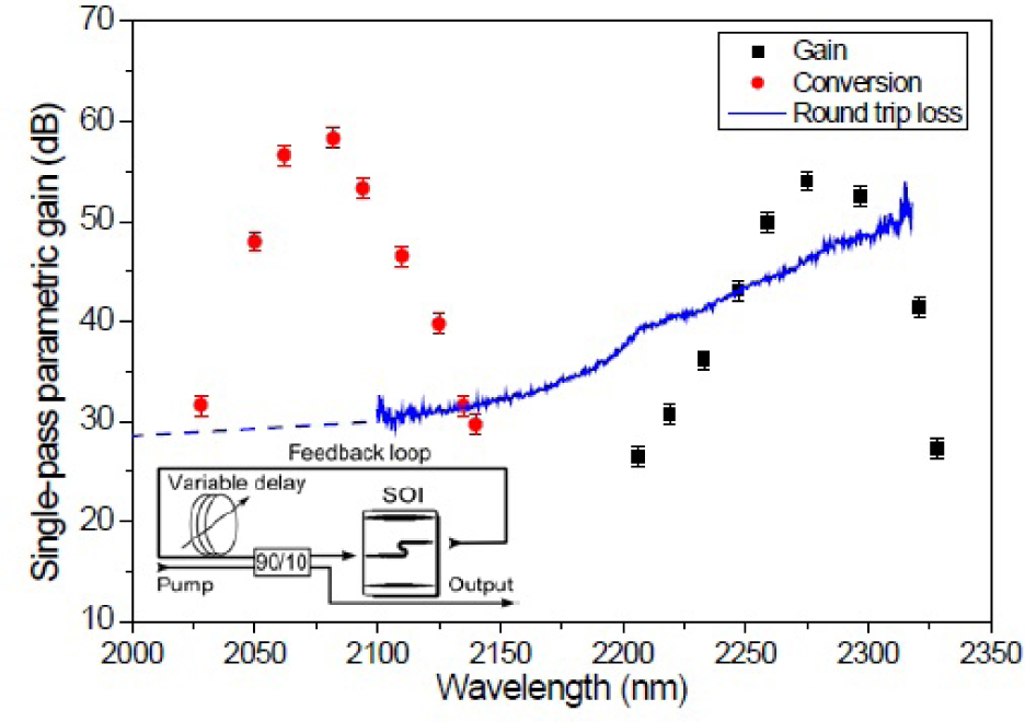 Fig. 24 The parametric gain of the photonic wire waveguide and the round trip-losses of the cavity. The gain can overcome the losses over a broad wavelength band. The inset shows a schematic of the experimental setup. The cross-section of the waveguide is the same as shown in the inset of Figure 12. Adapted from reference [68].