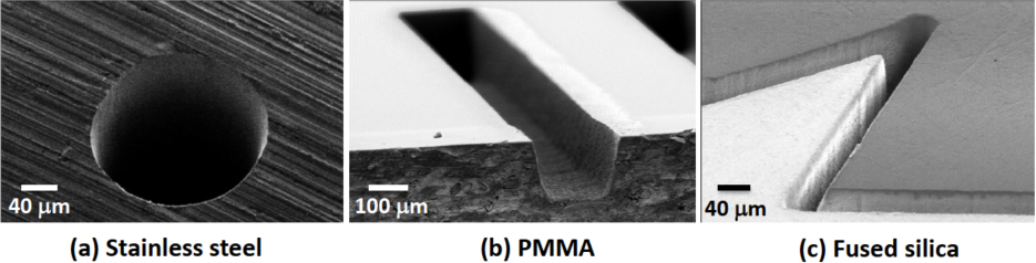 Figure 2 SEM images of different kinds of samples machined with a femtosecond laser, including (a) microdrilling of stainless steel, (b) groove formation in polymethyl methacrylate (PMMA), and (c) flexible cleaving of fused silica (courtesy of M. Gower).