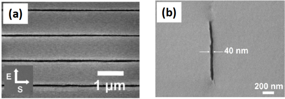 Figure 8 SEM images of (a) an array of single nanogrooves with widths less than 40 nm fabricated on ZnO [56]. Reproduced with permission from The Optical Society of America, ©2014 by The Optical Society of America. (b) Cross-sectional SEM image of a nanochannel with a width of about 40 nm and a depth of about 40 μm (aspect ratio: ca. 1000) formed inside porous glass by ablation in water [54].