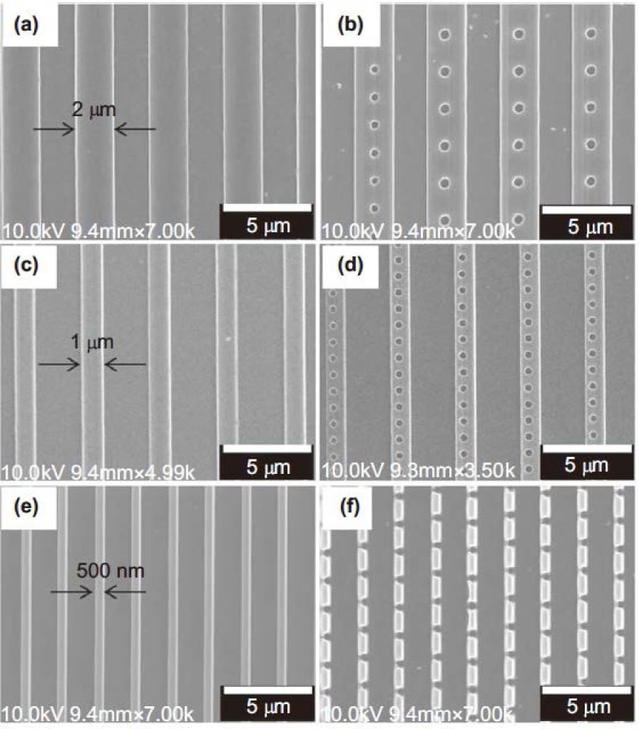 Figure 14 SEM images of polymer fibers fabricated by hybrid additive and subtractive fabrication processing using TPP followed by femtosecond laser multiphoton ablation. (a, c, e) Arrays of fibers formed using TPP with 2, 1, and 0.5 μm in diameters, respectively. (b, d, f) Arrays of fibers with periodic hole patterns formed by femtosecond laser multiphoton ablation [127]. Reproduced with permission from Nature Publishing Group, ©2012 by Nature Publishing Group.