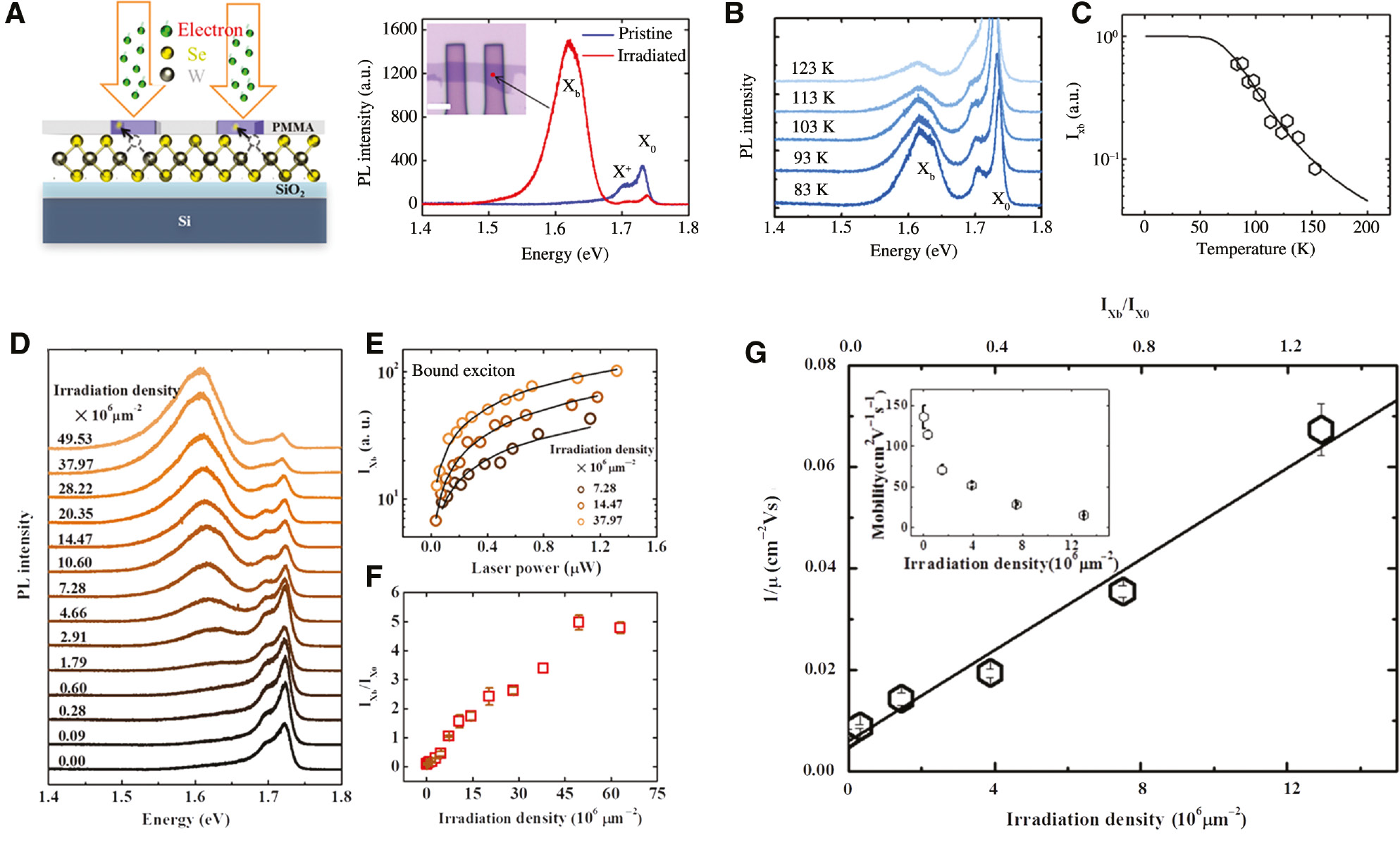 Figure 9: (A) (Left) Schematic diagram of electron-beam irradiation on monolayer WSe2 sample during the EBL process. (Right) PL spectrum of monolayer WSe2 with and without electron-beam irradiation. The inset shows optical image of WSe2 with PMMA patterned by EBL, scale bar is 5 μm. Temperature dependence of PL spectra (B) and Xb intensity (C) of WSe2 after electron-beam irradiation. (D) PL spectra of monolayer WSe2 under different irradiation density. (E) Laser power dependence of the intensity of Xb under different irradiation density. (F) The dependence of IXb/IX0 on irradiation density. (G) Changes of scattering rate 1/μ and mobility μ (inset) as a function of electron-beam dosage and IXb/IX0. Reprinted with permission from [48]. Copyright 2016 Tsinghua University Press and Springer-Verlag Berlin Heidelberg.