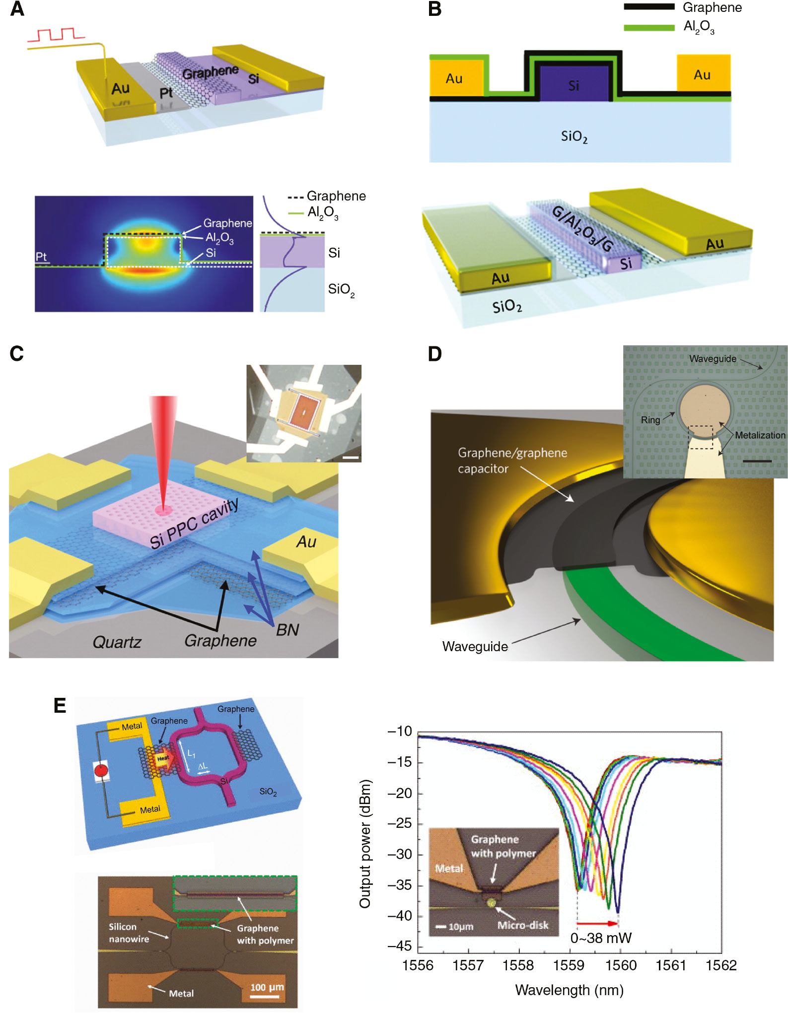 Figure 4: Graphene modulators.(A) First integrated graphene modulator using a doped silicon waveguide to gate the graphene layer. (B) An improved design that uses two graphene sheets to mutually gate the other. This design mitigates free carrier absorption in the waveguide while enhancing the modulation depth by a factor of two for optimally doped graphene sheets. (C) A van der Waals graphene modulator that uses BN as a gate dielectric. A PPC cavity was transferred onto the heterostructure, which enhances optical absorption at the optical resonance. (D) Graphene modulator integrated in a ring resonator to improve modulation efficiency (inset scale bar 40 μm). High-speed modulation was achieved with an f3dB frequency of 30 GHz. (E) Thermal modulation using graphene as a thermal conductor. High thermal conductivity of graphene allows faster modulation speeds over other conventional thermal heaters. Reproduced with permission from Ref. [57] (A), [58] (B), [59] (C), [60] (D), and [61] (E).
