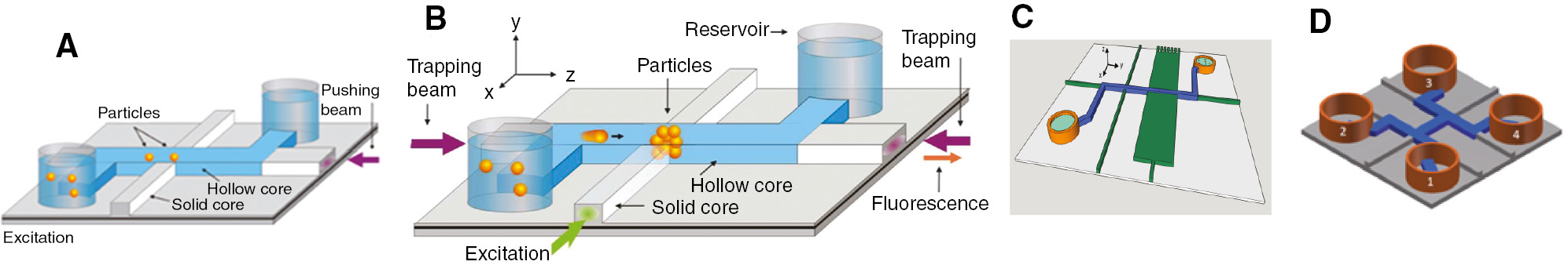 Figure 4: Schematic of liquid-core ARROW chips: (A) used for pushing [101], (B) used for trapping and detection [102], (C) used for multiparticle trapping [107], and (D) used for sorting [108].Blue channels indicate liquid-core waveguides carrying microscale and nanoscale particles and gray/green channels show solid-core waveguides.