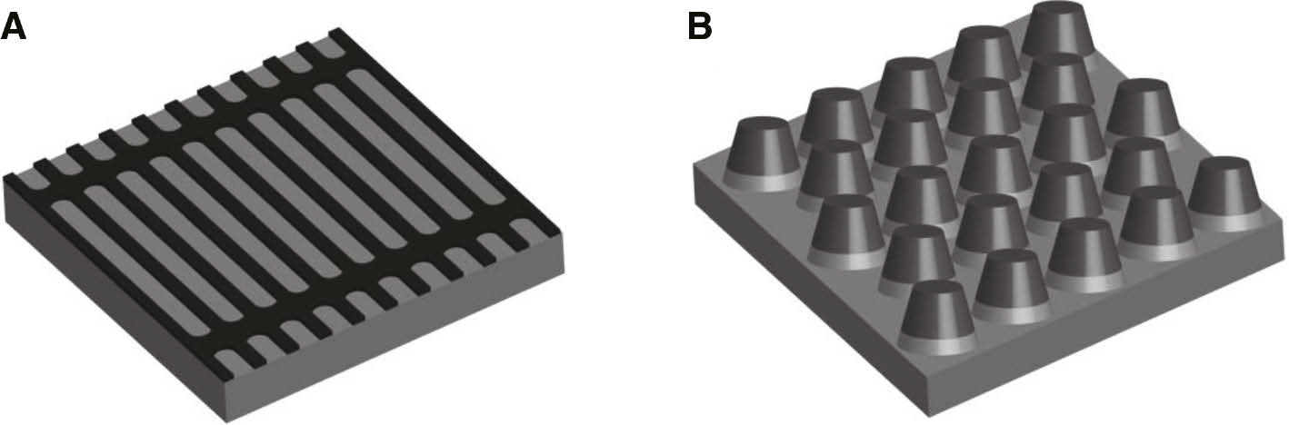 Figure 22: (A) Extinction spectra of the graphene nanoribbon array (W=30 nm, P=80 nm) for bias voltages Vg from −20 V to −130 V before (dashed curves) and after (solid curves) protein bilayer formation. Extinction is calculated as the relative difference in transmission between regions with (T) and without (T0) graphene nanoribbons. Gray vertical strips indicate amide I and II vibrational bands of the protein. (B) Analytic calculation of the extinction spectra after fitting graphene and protein parameters to reproduce experimental data. Adapted with permission from Ref. [144].