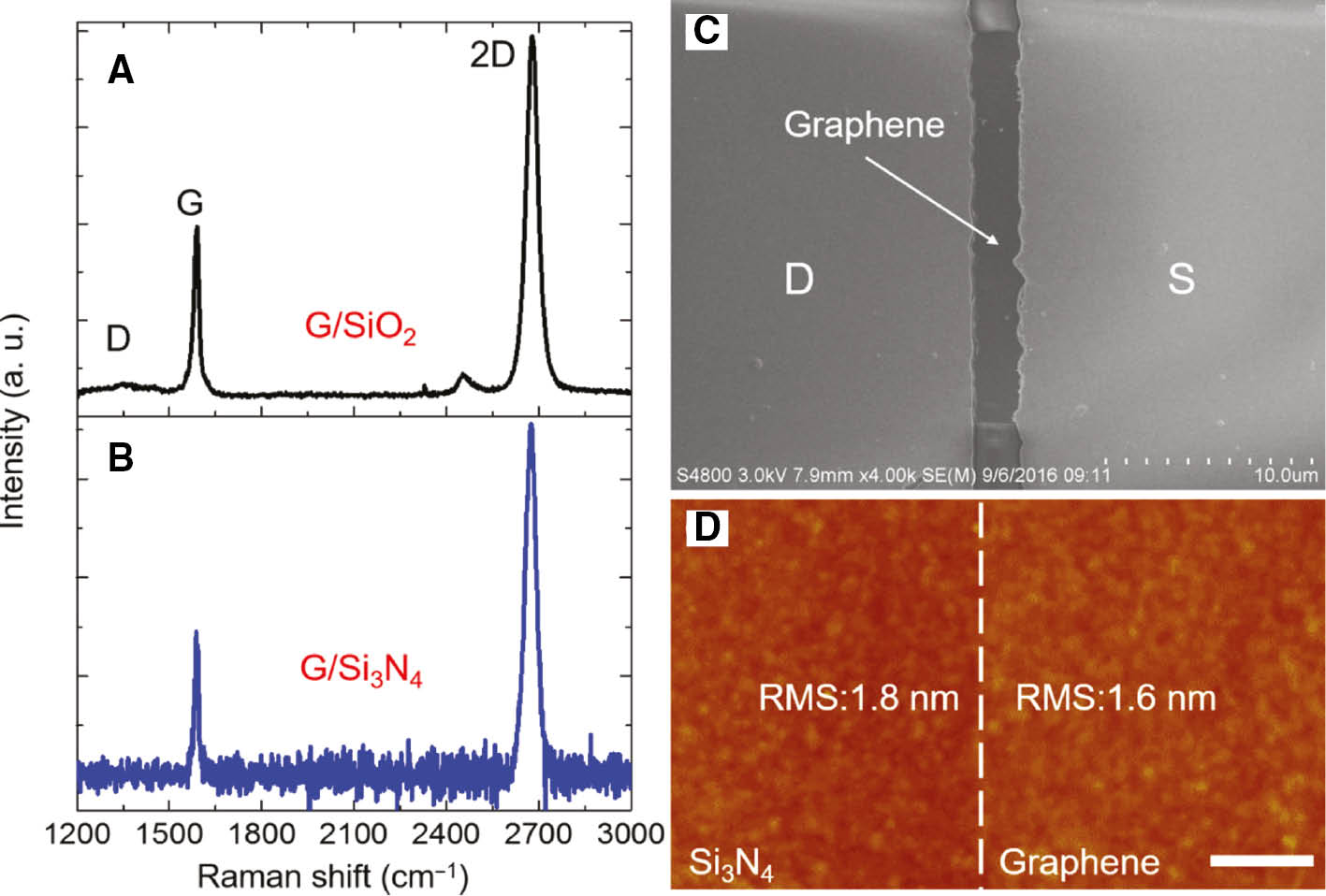 Figure 4: Raman spectra of the transferred graphene on the surface of silica (A) and silicon nitride (B) indicate that the surface of the passivation layer on the IC chip did not bring any additional damages to the performance of the graphene. (C) The scanning electron microscopy image shows the graphene channel clearly due to high electrical conductivity of the graphene material. (D) The atomic force microscopy image at the boundary of graphene and silicon nitride shows more details of the graphene material and silicon nitride. The scale bar is 500 nm.