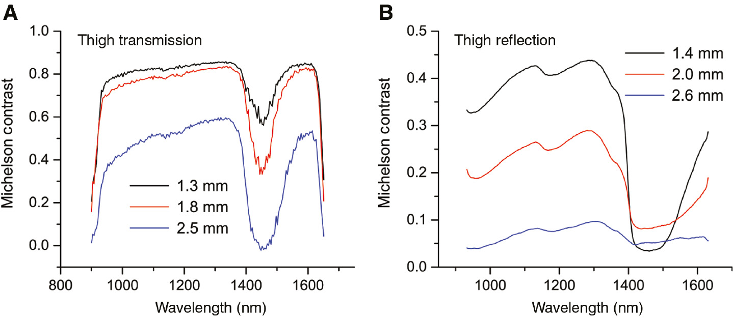Figure 1: Transparency of biological tissue in SWIR.The metric is based on a spatial contrast of Michelson (with permission [37]).