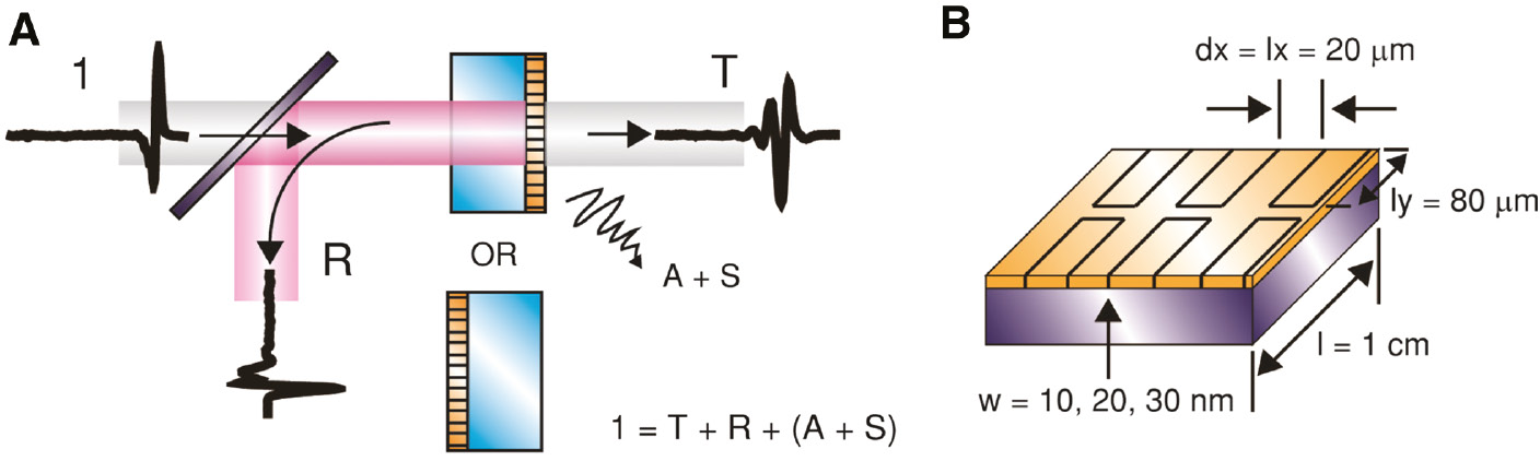 Figure 1: Experimental schematics.(A) Transmission and reflection from nanogaps, in substrate-side or air-side incidence. A silicon beam splitter is used for normal incidence reflection measurements. (B) Geometric parameters of the rectangular ring nanogaps used in the experiment.