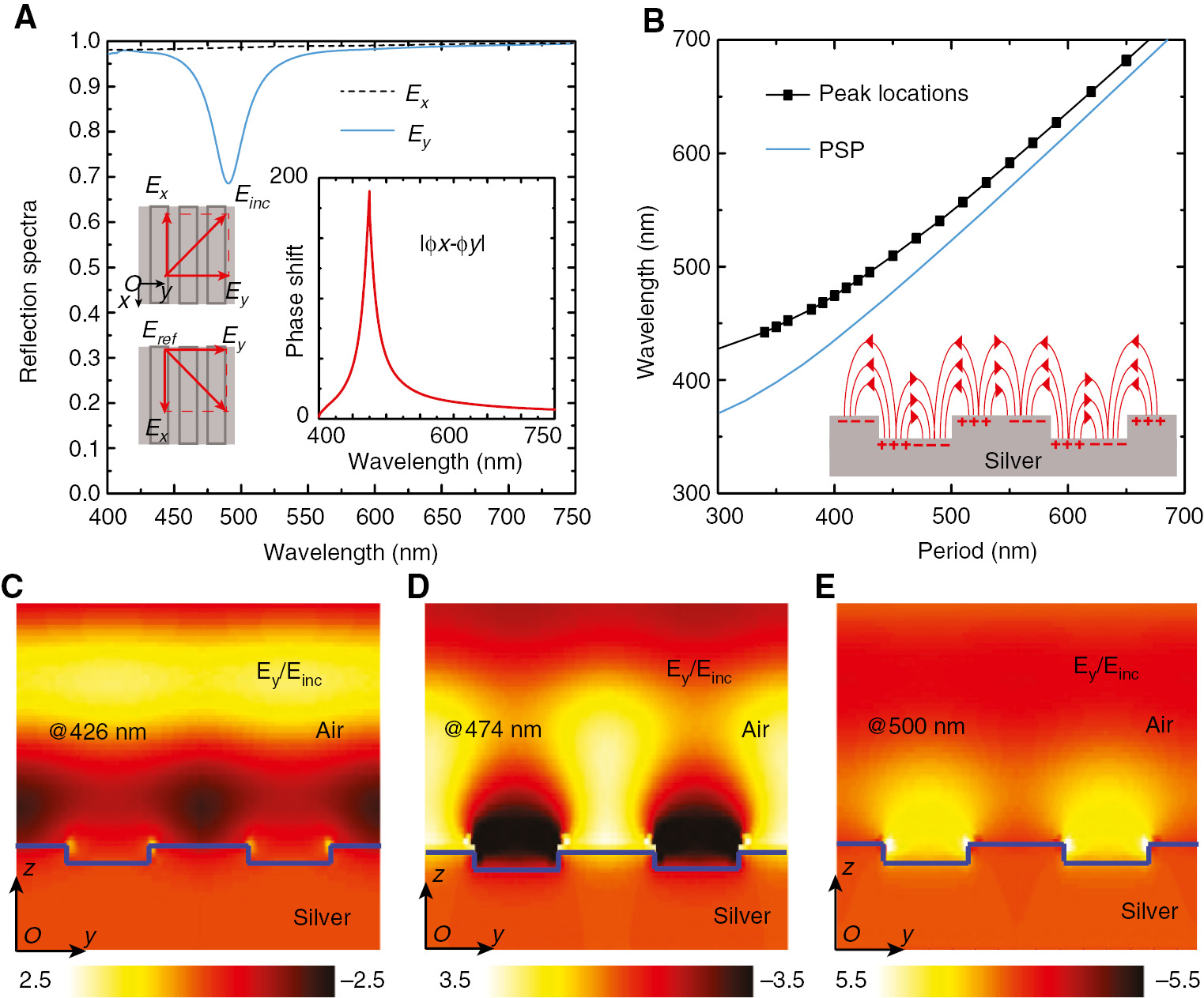 Figure 4: (A) Reflective spectral amplitudes for x- and y-polarized waves. The inset shows the calculated phase difference between the two orthogonal polarizations. (B) Comparison between the reflective peaks and PSP resonant wavelengths corresponding to variable grating periods. The inset depicts the collective oscillation of free electrons at the silver-air interface. (C–E) 2D color maps of the electric field (Ey) distribution with a period of 400 nm at (C) λ=426 nm, (D) λ=474 nm, and (E) λ=500 nm.