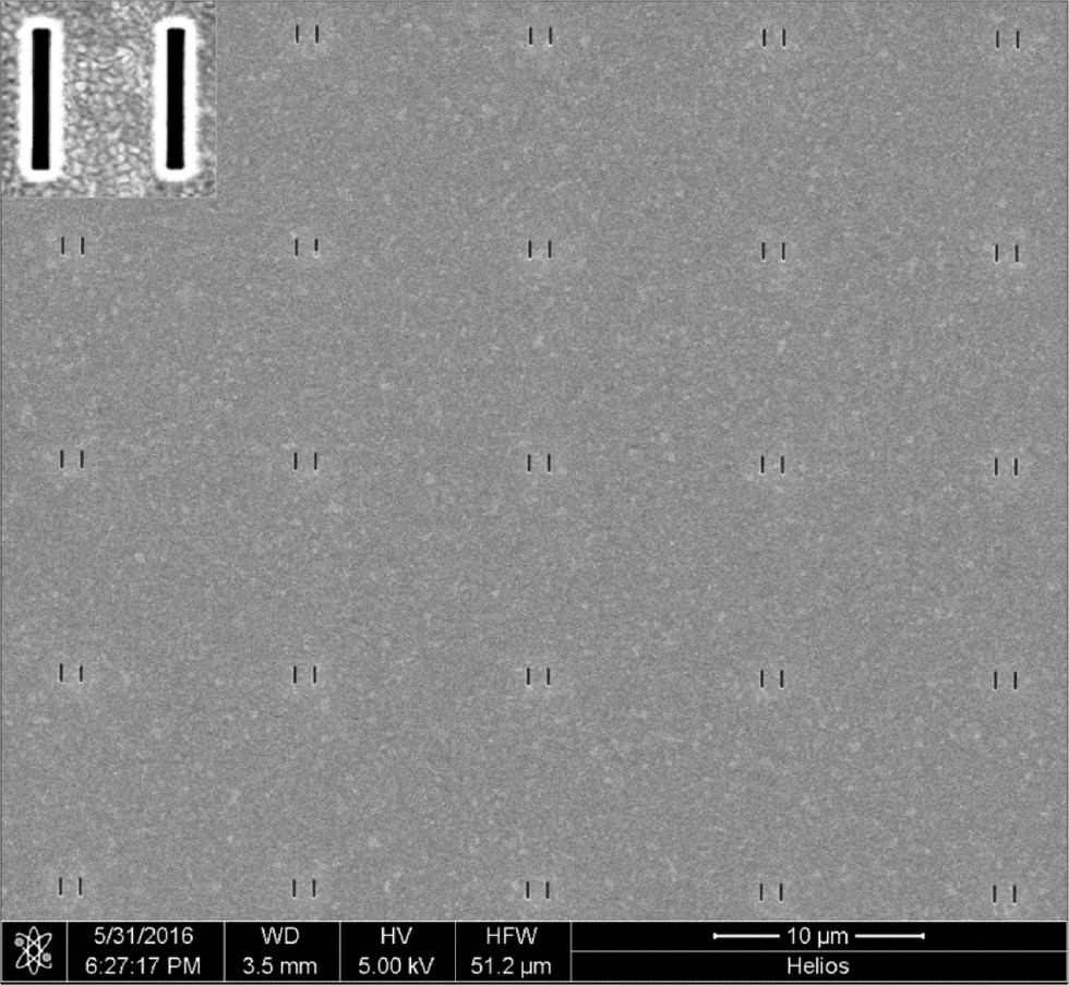 Figure 1: Fabricated sample for measurements.Magnified SEM image (partial view) of a two-dimensional array consisting of 100 pairs of rectangular cavities of dimension 100 [nm]×800 [nm] in 10×10 matrix format. The cavities were milled in a high-quality gold film of thickness 200 nm. The inset shows a typical image (magnified) of a pair of nanocavities.