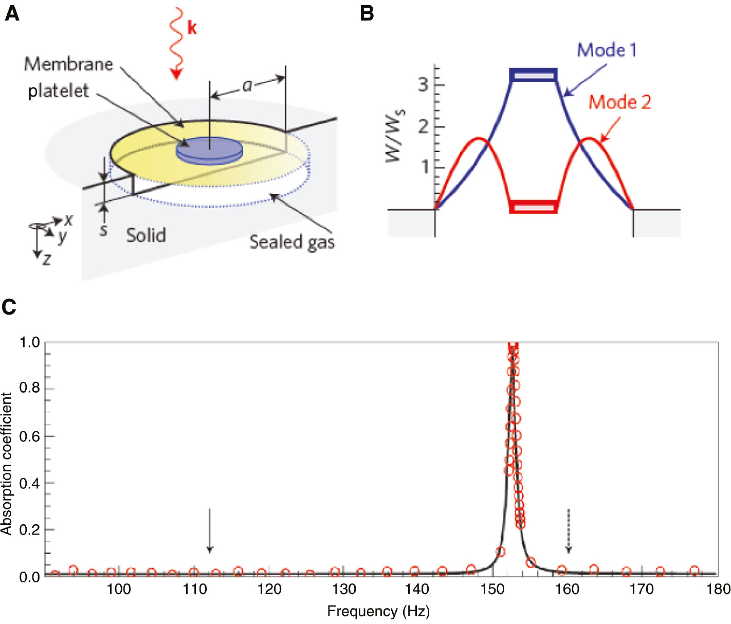 Figure 12: Acoustic metasurface with hybrid interfaces.(A) Schematic illustration of the unit cell’s components and geometry. (B) Schematic cross-sectional illustration of the two lowest frequency eigenmodes. (C) Measured absorption coefficient as a function of frequency. The solid and dashed arrows indicate the first eigenmode and anti-resonance (reprinted from Ref. [55]).