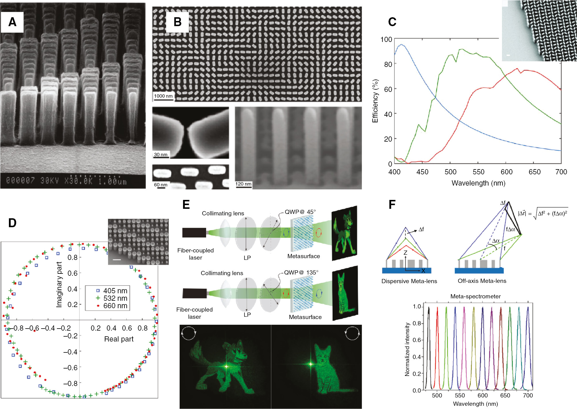Figure 5: Titanium dioxide (TiO2) as a metasurface material platform.(A) Scanning electron micrograph (SEM) of a blazed binary diffractive lens made of top-down etched TiO2 nanopillars; the local effective refractive index is controlled by the width of the pillars. (B) SEM of TiO2 metalens fabricated using the bottom-up atomic layer deposition (ALD) method. Inset: Cross-section view of the nanofins exhibiting vertical sidewalls with a height of ~600 nm. (C) Simulated focusing efficiency of three metalenses designed for wavelengths 405 (blue curve), 532 (green curve), and 660 (red curve) nm and SEM of fabricated metalens. Inset: measured focal spot intensity at designed wavelength 405 nm (NA=0.8). (D) Simulated complex transmission coefficients of cylindrical nanopillars with various diameters at three design wavelengths: 405, 532, 660 nm. Each point represents the amplitude and phase of the transmission of a nanopillar, and the entire 2π phase coverage is realized by varying the nanopillar diameter. (E) Top: different holograms are imaged with LCP and RCP light illuminating on the same TiO2 metasurface, which decouples the propagation phase design and geometric (Pancharatnam-Berry) phase design by controlling the nanofin dimensions and rotation angles, respectively. Bottom: images formed with RCP and LCP light, respectively. (F) Left: schematic of the off-axis meta-lens that focuses light of different wavelengths to different angles. Right: measured spectra from a supercontinuum laser with a planar ultracompact visible chiral spectrometer designed based on the off-axis focusing lens; the performance is comparable to a commercial handheld spectrometer. (A) reprinted with permission from [103], copyright 1999 by The Optical Society; (B) reprinted with permission from [154], the authors; (C) reprinted with permission from [27], copyright by the American Association for the Advancement of Science; (D) reprinted with permission from [110], copyright 2016 by the American Chemical Society; (E) reprinted with permission from [155], copyright 2017 by American Physical Society; (F) reprinted with permission from [156], using the Creative Commons Attribution (CC BY) license.