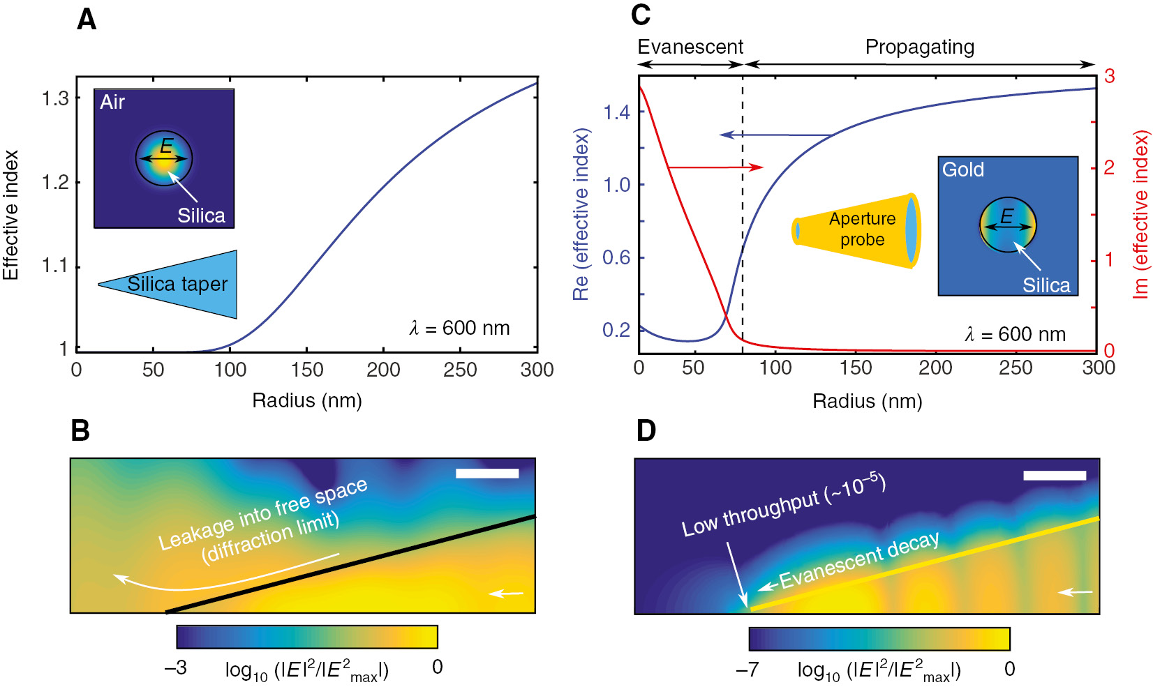Figure 2: Inherent limits of conventional subwavelength fiber-based nanotips.(A) Calculated effective index of the fundamental linearly polarized mode a silica nanofiber (inset) as a function of its local radius. For small radii, light leaks into free space (effective index=1) and cannot be confined. (B) Finite element calculations of the intensity (log scale) for a mode propagating toward the apex of a tapered silica nanotip. Black line: edge of the taper. (C) Calculated real (blue) and imaginary (red) parts of the effective index of the fundamental linearly polarized mode a silica nanofiber that is embedded in gold (inset) as a function of its local radius, corresponding to a typical aperture probe. For small radii, the mode cuts off and becomes evanescent, leading to low throughput (1.3×10−5) through the aperture (diameter: 10 nm). (D) Finite element calculations of the intensity (log scale) of the mode propagating down a tapered aperture probe. Yellow line: edge of the metal-coated taper. Scale bar (B and D), 200 nm. The radius of the fiber at the tip/aperture in B or D is 10 nm. All calculations are performed at λ=600 nm.