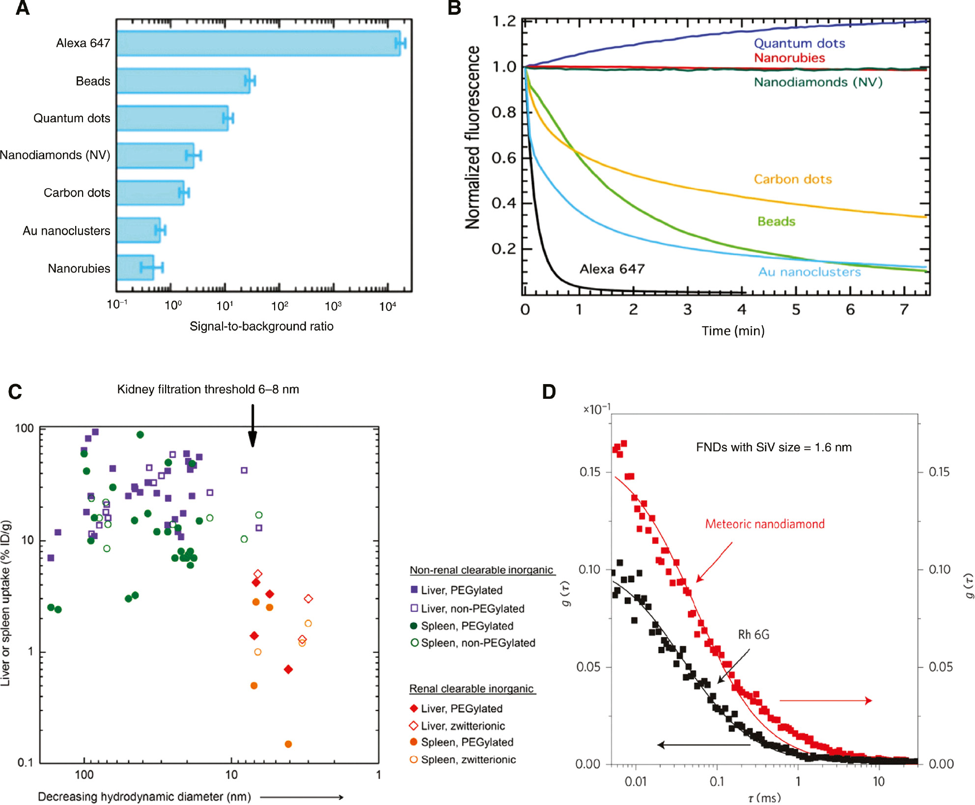 Figure 3: A Brightness and photostability of FNDs compared to other fluorescent nanoparticles. Also a demonstration of kidney filtration threshold of small nanoparticles.(A) Signal-to-noise ratio comparison of different fluorescent materials performed on a commercial microscope (Olympus IX83-wide field fluorescence microscope). Adapted from [28]. (B) Normalized fluorescence emission intensity as a function of time for different fluorescent probes under continuous excitation. Adapted from [28]. (C) Liver, spleen, and uptake of representative nonrenal clearable inorganic NPs and renal-clearable inorganic NPs in mice following intravenous injection. Adapted from [65]. (D) The measured autocorrelation function (red symbols) to estimate the effective size of fluorescent nanodiamonds with SiV color center of 1.6±0.2 nm when using 0.6 nm as a reference for the hydrodynamic radius for Rhodamine 6G in water. Adapted from [66].