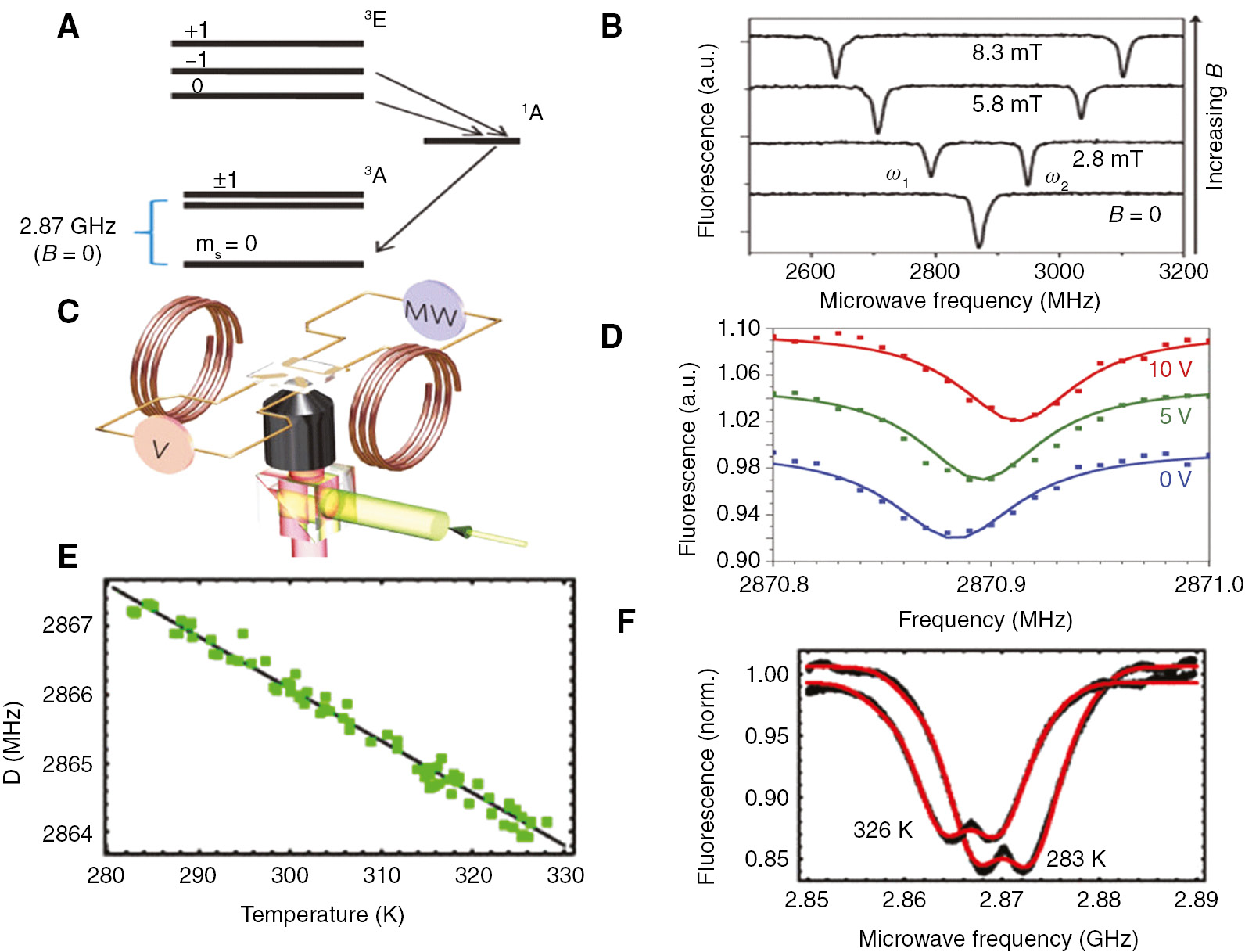 Figure 13: An illustration of FNDs capability in magnetic, electric, and temperature sensing.(A) An illustration of the energy level of the nitrogen-vacancy (NV) defect in diamond. (B) Optically detected magnetic resonance spectra (ODMR) for a single nitrogen-vacancy defect at increasing magnetic field (from bottom to top). Adapted from [144]. (C) Schematic of the confocal set-up used with Helmholtz coils for magnetic field alignment and a microstructure on the diamond sample to create the electric field and coupled with the microwaves. Adapted from [140]. (D) Observed shift of the ODMR resonance lines for different voltages applied to the electrodes, clearly showing the effect of a Stark shift. Adapted from [140]. (E) A linear fit of the NV center ODMR spectra changes as a function of ambient temperatures. Adapted from [146]. (F) ODMR changes linearly as a function of temperatures from 280 to 330 K. Adapted from [146].