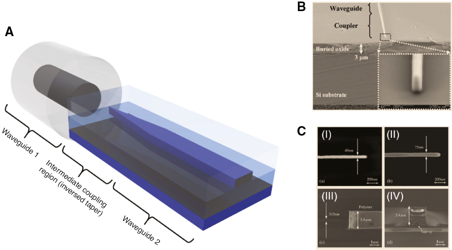 Figure 4: (A) Schematic diagram of an inversely tapered intermediate waveguide coupler with a low-index cladding. The integrated waveguide core region is represented with blue colors. (B) A typical inversely tapered waveguide coupler with SiO2 cladding layers. Reprinted from Ref. [55]. Copyright 2003 The Optical Society. (C) A coupler with a very narrow tip fabricated by silicon oxidation process and its SEM image. Silicon nano-taper tip end (I) before and (II) after oxidation process. (III) Top view of the junction point of a polymer core and a silicon waveguide. (IV) Cross-section view of the nano-taper coupler.Adapted from Ref. [39]. Copyright 2010 Elsevier.