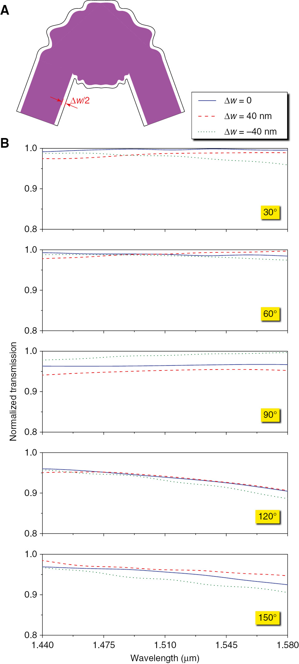 Figure 5: Fabrication tolerance analysis.(A) Illustration of a typical fabrication error of photonic welding points. The purple area denotes the fabricated structure, whereas the black solid line denotes the border of the original design. The width of the fabricated structure may have a deviation ∆w from the designed value. (B) Analysis of the fabrication deviation in photonic welding points for connecting two waveguides with bending angles of 30°, 60°, 90°, 120°, and 150°. Blue solid, red dashed, and green dotted lines represent the ideal structure, the structure with width deviation ∆w=40 nm, and the structure with width deviation ∆w=−40 nm, respectively.