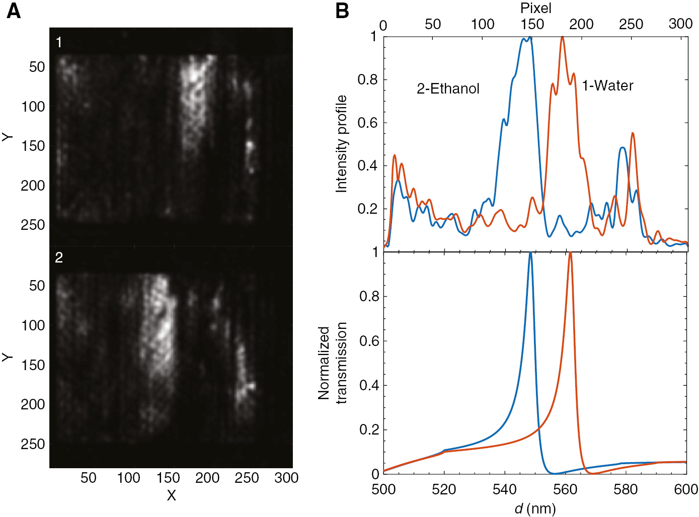Figure 4: Sensitivity measurements.Transmission image of the multiperiodic nanohole array sample with (1) water and (2) ethanol as the surrounding medium. (B) Top Measured transmission profile of the images of the arrays. The intensity was integrated along the y-axis and plotted as a function of the x-axis. Bottom: Transmission intensity of the nanohole array as a function of the period as calculated using coupled mode theory.