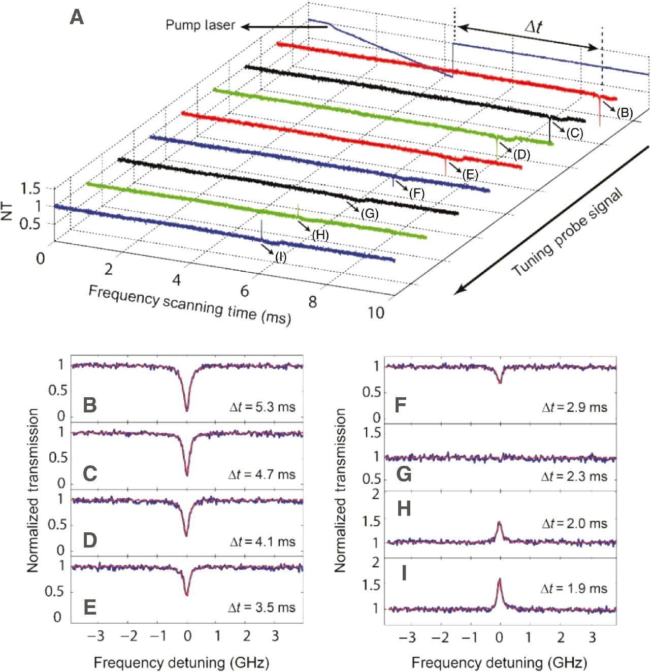 Figure 2: Evolution of the transmission spectra when tuning probe signal.(A) Evolution of the transmission spectra when measuring the optical gain lifetime. When we decrease the time Δt after the pump laser is turned off, this probe signal become increasingly amplified together with more gains. (B)–(I) Show the details and the fitting curves (red dashed lines) in (A). Note that the horizontal coordinate of (A), i.e. frequency scanning time, has been transformed into frequency detuning in (B)–(I) according to the scanning speed of this probe signal. The pump power here is 275 μW, and the probe signal power is 150 nm. NT denotes normalized transmission.