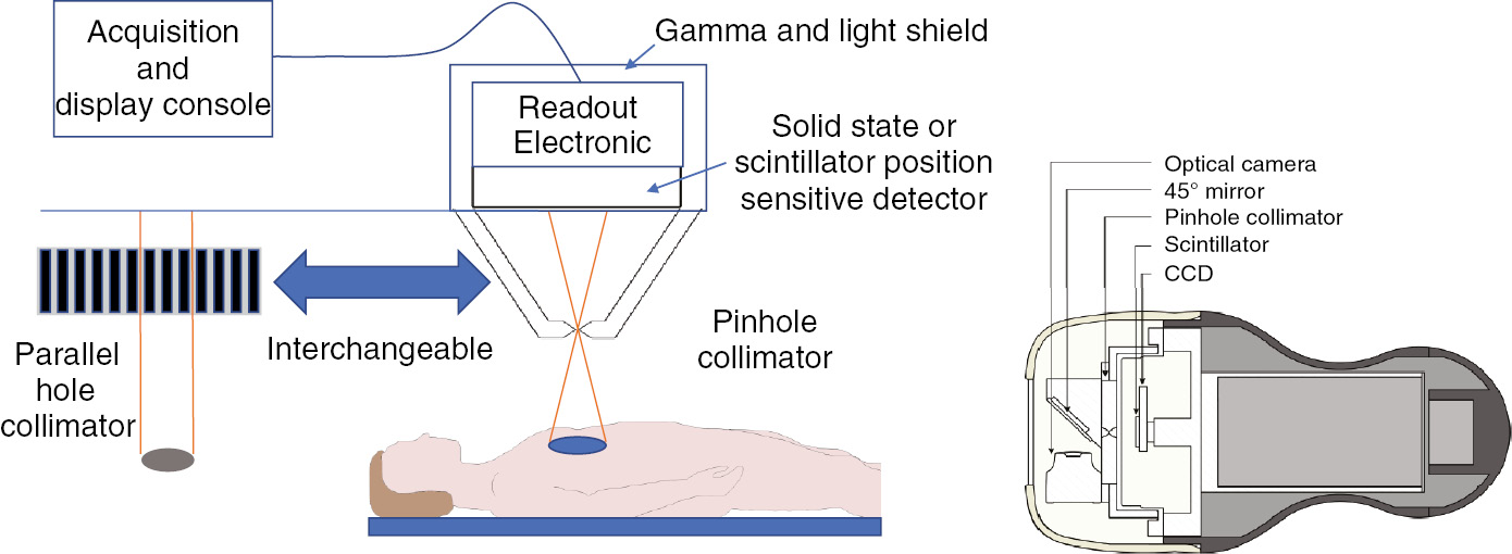 Figure 5: Intraoperative gamma imaging using a pinhole collimator.A mirror at the entrance of pin-hole collimator is used to reflect optical photons to the CCD camera and produce coregistered images of optical and gamma photons. Reproduced with permission from [71].