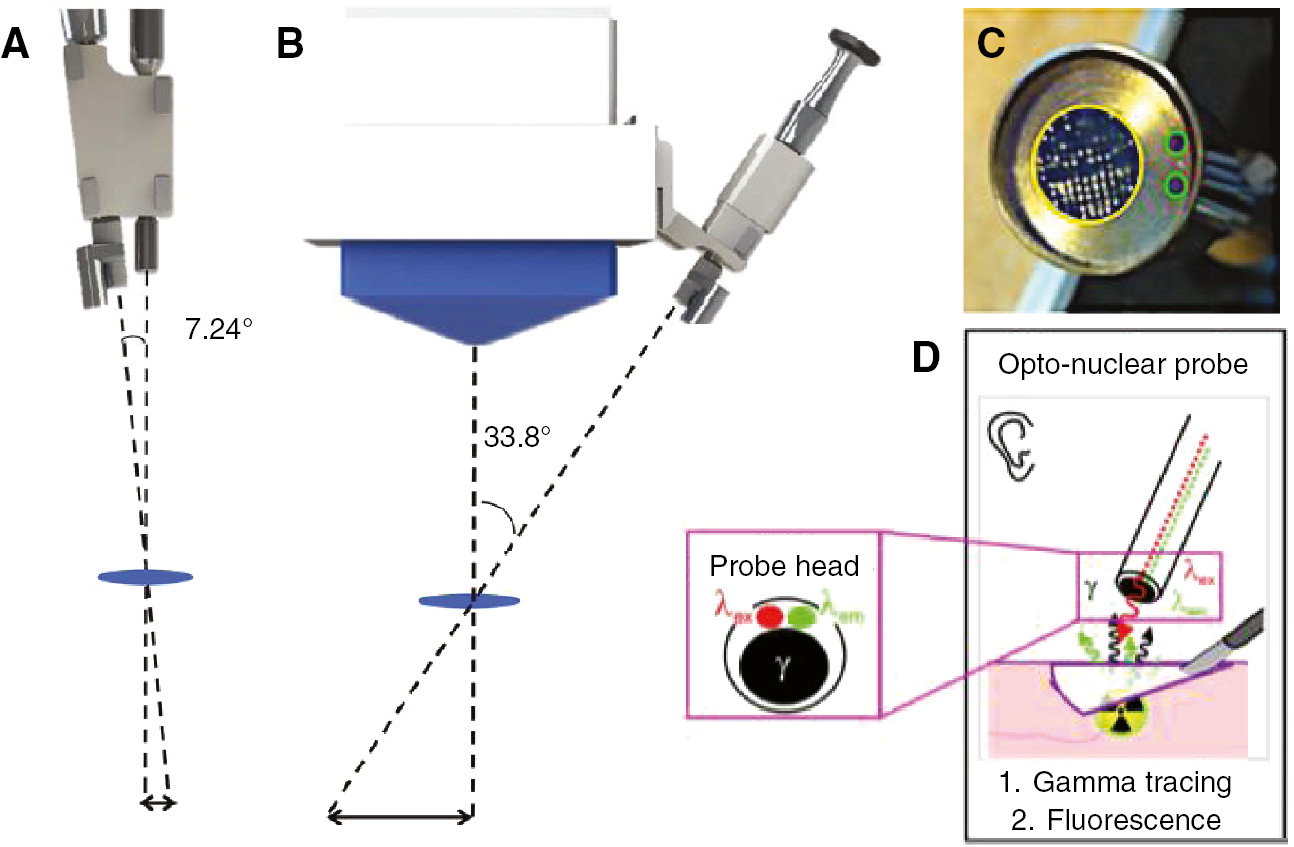 Figure 9: Dual modal imaging devices composed of a gamma probe/camera and a fluorescence camera to image fluorescence and gamma tracers.(A) Aligned type combination of gamma probe and fluorescence camera and (B) flexible type combination of gamma and fluorescence cameras to compensate the misalignment at distances beyond the focal plane. Reproduced with permission from [123]. (C) A prototype gamma probe in conjunction with two fiber optics to excite and collect emission photons and (D) conceptual drawing of the opto-nuclear probe shown in (C). Reproduced with permission from [124].