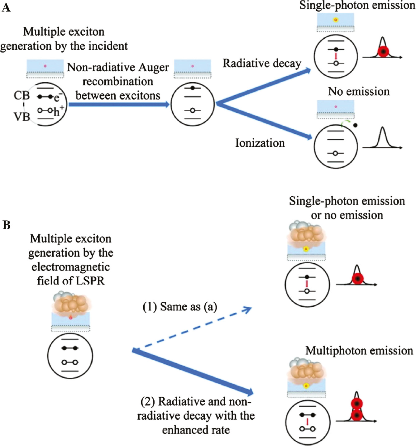 Figure 19: Effect of plasmonic nanoparticles on Auger process in nearby QDs.(A) Depiction of the Auger process in a QD. Two electron-hole pairs are excited. The recombination of one electron-hole pair excites the other electron into a higher-energy state, leading to a loss of observed fluorescence. (B) Influence of PNPs on the Auger process. Reprinted with permission from Ref. [22]. Copyright 2011 American Chemical Society.