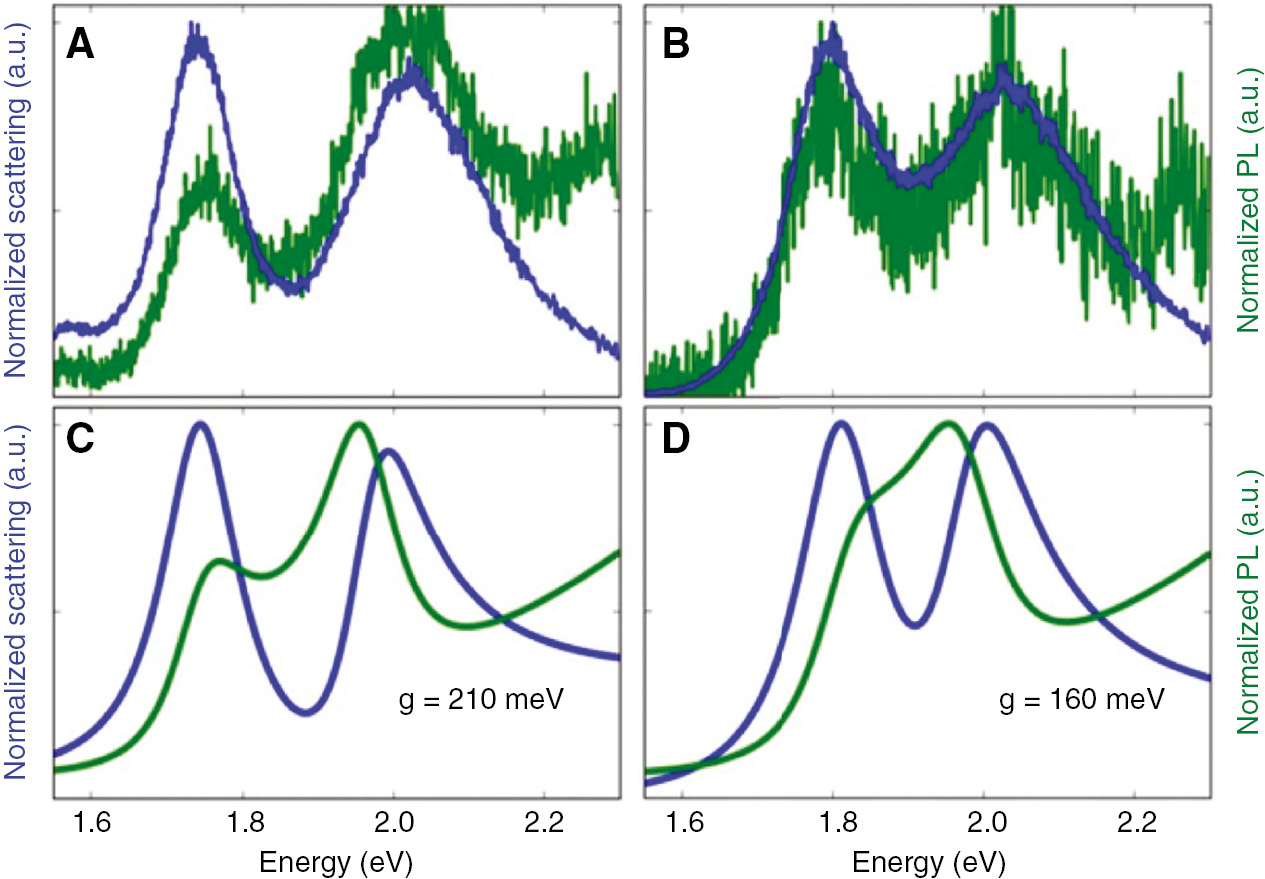 Figure 22: Scattering (blue) and photoluminescence (green) spectra of a single CdSe/CdS QD attached to an AuNP then deposited on a silver film.Strong coupling is seen through the splitting of both scattering and photoluminescence. Measured spectra are shown for particles deposited directly on the silver film (A) and with a 5 nm silica spacer layer (B–D) show corresponding theoretically calculated spectra.