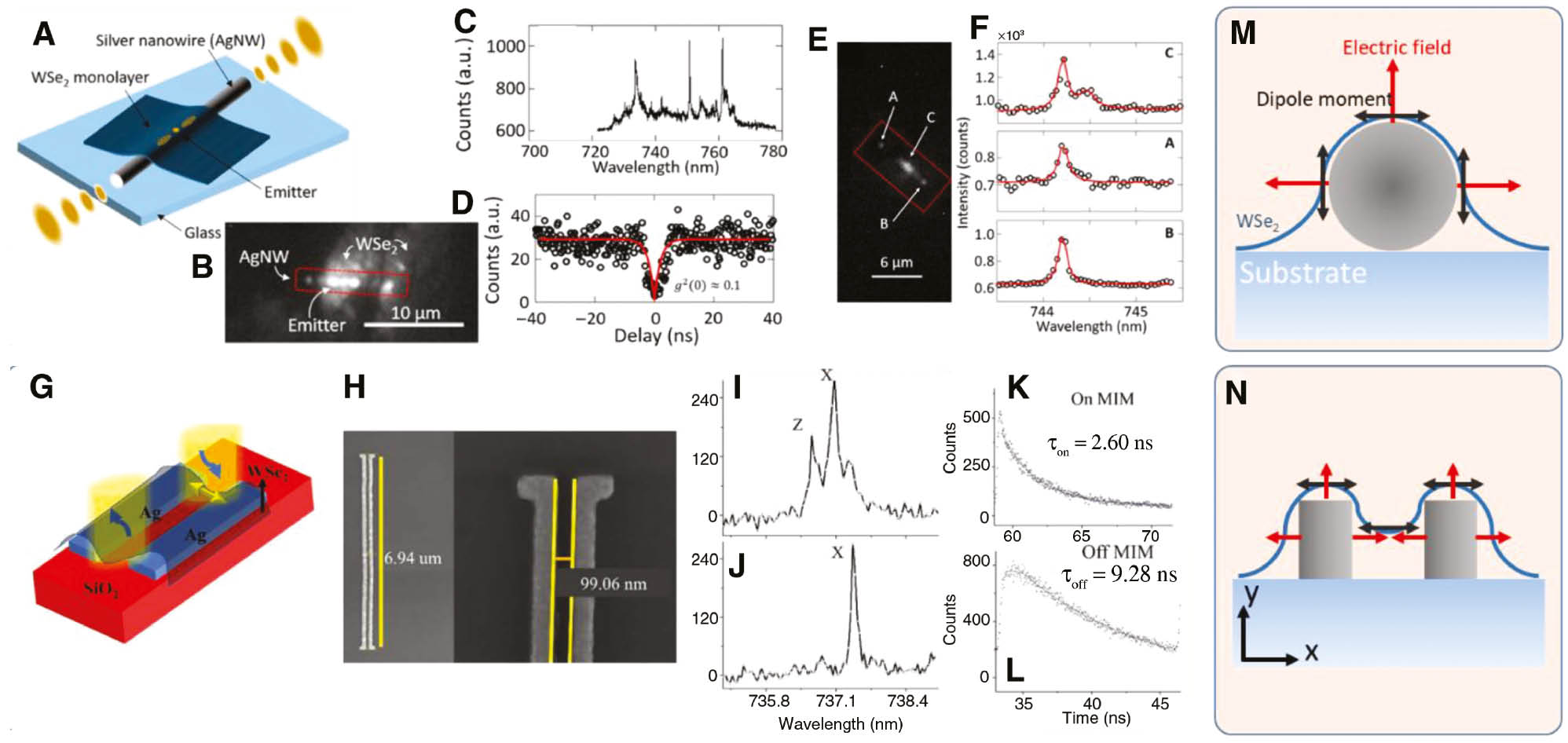 Figure 7: On-chip coupling between excitons and propagating SPPs along plasmonic waveguides.(A–F) A WSe2 monolayer coupled to a silver nanowire. (B) PL spatial map of the TMD–nanowire system. (C) Emission spectrum from one of the localized spot in panel (B). (D) Second-order autocorrelation function of one of the peaks in panel (C). (E) Spatial map of PL when exciting at the center of the nanowire (point C). (F) High-resolution PL acquired from points C, A, and B in panel (E), when exciting at point C. (G–L) A WSe2 monolayer coupled to a silver metal-insulator-metal waveguide. (H) SEM pictures of the waveguide. (I) PL spectrum when exciting the structure on one edge of the waveguide and collecting from the same point. (J) As in panel (I), but collecting from the opposite edge of the waveguide. (K–L) Lifetime of a representative emitter located close to the waveguide (panel K) and of a different emitter located far away from the waveguide (panel L). (M, N) Schematic of the alignment between the plasmonic field and the exciton dipole moment in the two waveguide geometries. Panels (A–F) and (G–L) are adapted with permission from Ref. [112], American Chemical Society, and Ref. [110], AIP Publishing, respectively.