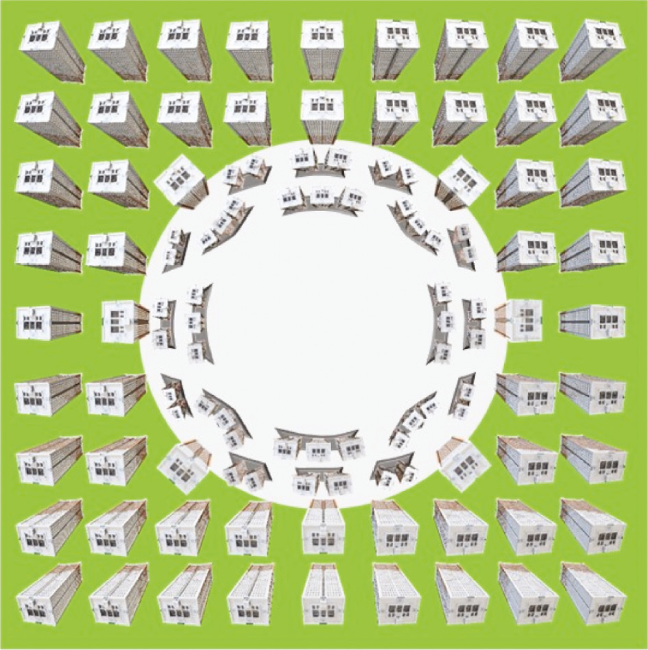 Figure 6: Top view of a megastructure made of a set of above-surface bending resonators (cf. Figure 4B).Here each resonator is a tall building. The typical size of the seismic cloak is 1 km in diameter and the cloaked area (e.g. a park without any tall buildings, where civilians could seek some shelter and first aid e.g. with humanitarian organizations such as the Red Cross, Red Crescent and Red Crystal, and food supplies or any other convenience during an earthquake) is a disc in the center with a smaller diameter.