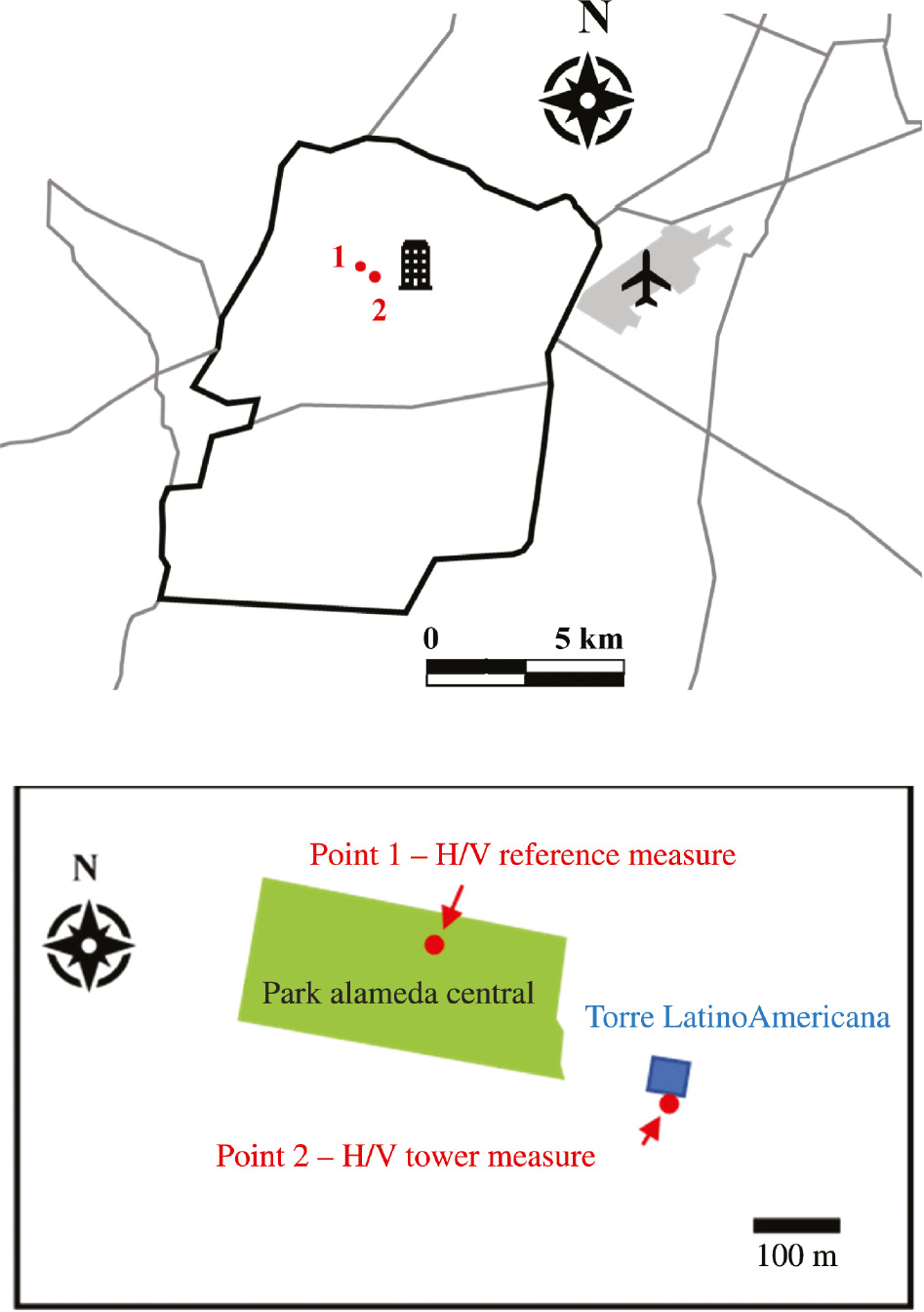 Figure 13: Schematic map of Mexico City Center and location of HVSR measures (1: reference measure; 2: tower measure), see also Table 2.Horizontal West-East distance separating 1 and 2 is 415 m.