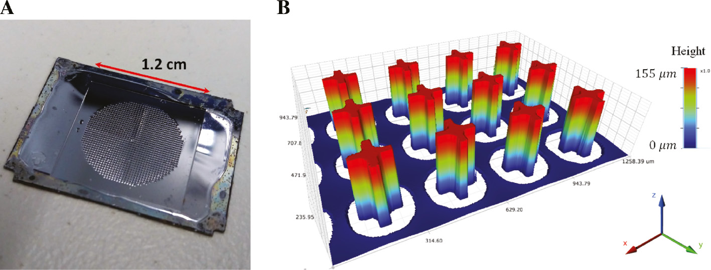 Figure 5: THz vortex generator and the height profile of the cross resonators measured using optical profiler.(A) Photo of the fabricated metadevice for vortex beam generation. (B) Depth profile measured using an optical profilometer (Bruker).