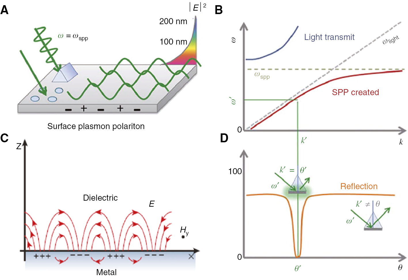 Figure 3: Electron oscillation and excitation conditions of SPP.(A) SPP wave is propagating charge wave, generated along the metal dielectric interface which couples with an EM field. The amplitude of SPP wave exponentially decreases away from the interface. The SPP can only be excited (B) at certain wave vectors and exists as a field that decays evanescently from the surface. The momentum matching condition leads to the SPP resonance (D) only existing at certain incident angles (A, B and D reproduced from [78] with permission from The Royal Society of Chemistry). (C) Illustration of SPP wave, comparing relative penetration depth of SPP into metal and dielectric medium (reproduced from [105]).