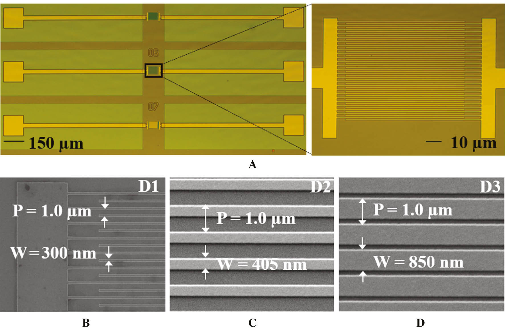 Figure 2: Fabricated metafilm absorbers.(A) The optical microscope images of the fabricated metafilm absorbers. (B–D) Close up scanning electron microscope images of the devices with metal rod widths of 300, 405 and 850 nm.