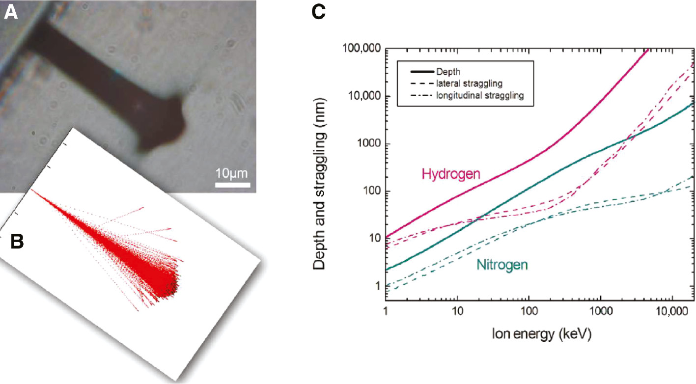 Figure 2: Penetration depth and the expected statistical deviation from the targeted position using the example of nitrogen and hydrogen ions in diamond.(A) Optical image (side view) of a diamond sample implanted with a 3 MeV focused proton beam at high fluence. (B) SRIM simulation of 3 MeV protons implanted in diamond. (C) Plot of the ion range and straggle (lateral and longitudinal) simulated with SRIM for hydrogen and nitrogen implanted into diamond. Reproduced with permission from Sébastien Pezzagna and Jan Meijer, High-Resolution Ion Implantation from keV to MeV, INTECH: (2012).
