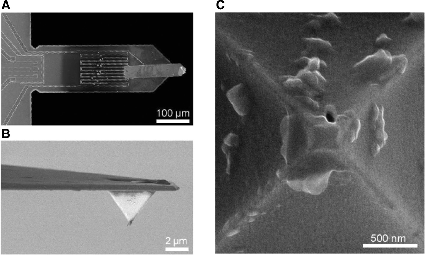 Figure 4: A nano-hole is fabricated in the AFM tip using a focused ion beam.(A) SEM image of the piezo-resistive cantilever at the end of which the tip is glued. (B) SEM image of the hollow pyramidal AFM tip. (C) SEM image of the summit of the tip where a nano-hole has been drilled by focused ion beam milling. Reproduced with permission from Sébastien Pezzagna and Jan Meijer, High-Resolution Ion Implantation from keV to MeV, INTECH: (2012).