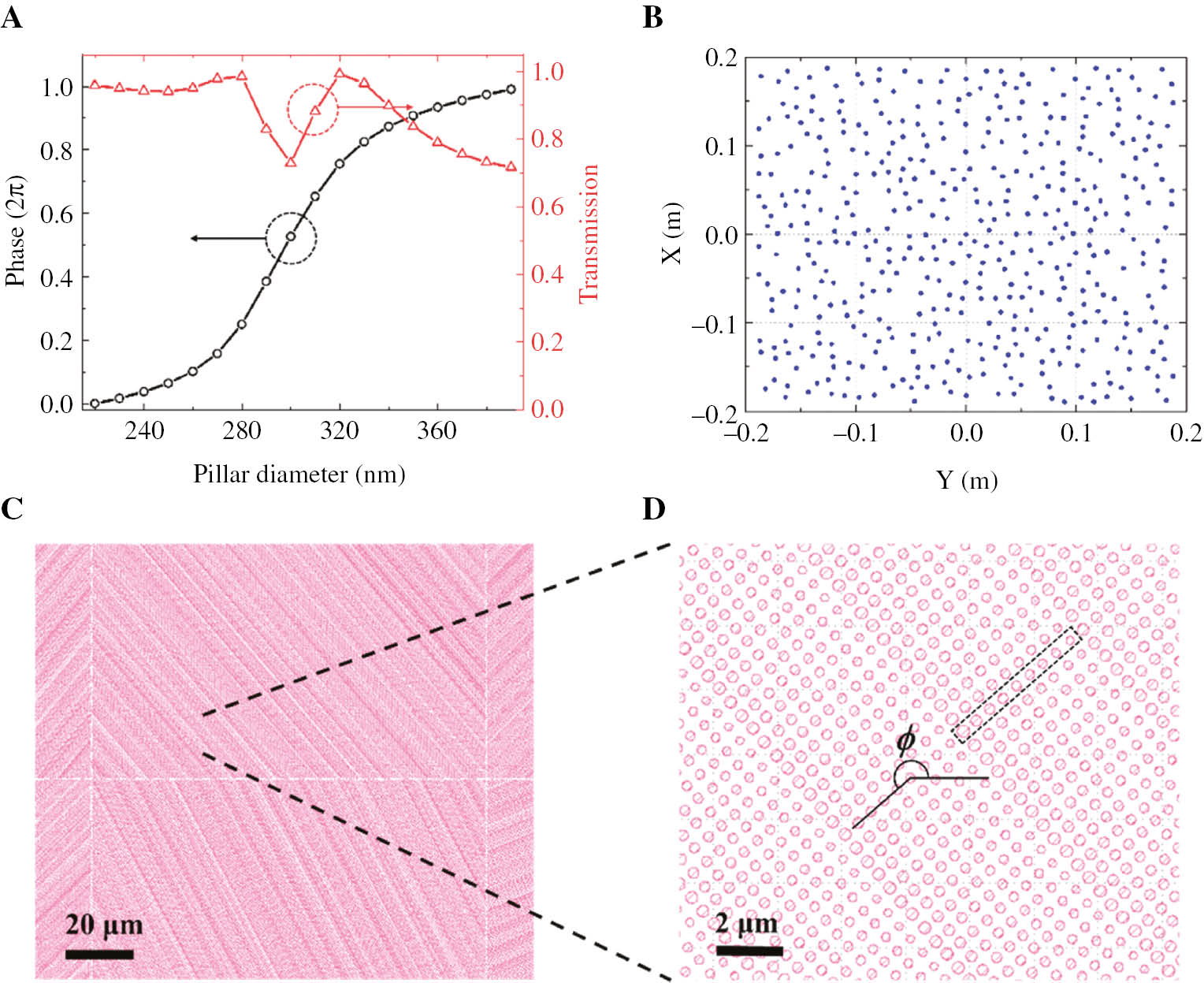 Figure 2: Design of the large-area pixelated metasurface beam deflector.(A) Simulation of phase shift and transmission of building block for beam deflector (a-Si nanopillar with a unit cell of 545 nm and height of 145 nm embedded in dielectric media) as a function of diameter. (B) Designed 441 random point positions (relating to the bending angles θ and the orientation angles ϕ) on a screen with distance of 1 m away from the pixelated metasurface beam deflector. (C) Layout mask for the designed metasurface, showing pixel boundaries. (D) Zoomed-in view of (C), showing a supercell of beam deflector (denoted by a dotted rectangle) and nanopillar array with a designed orientation.