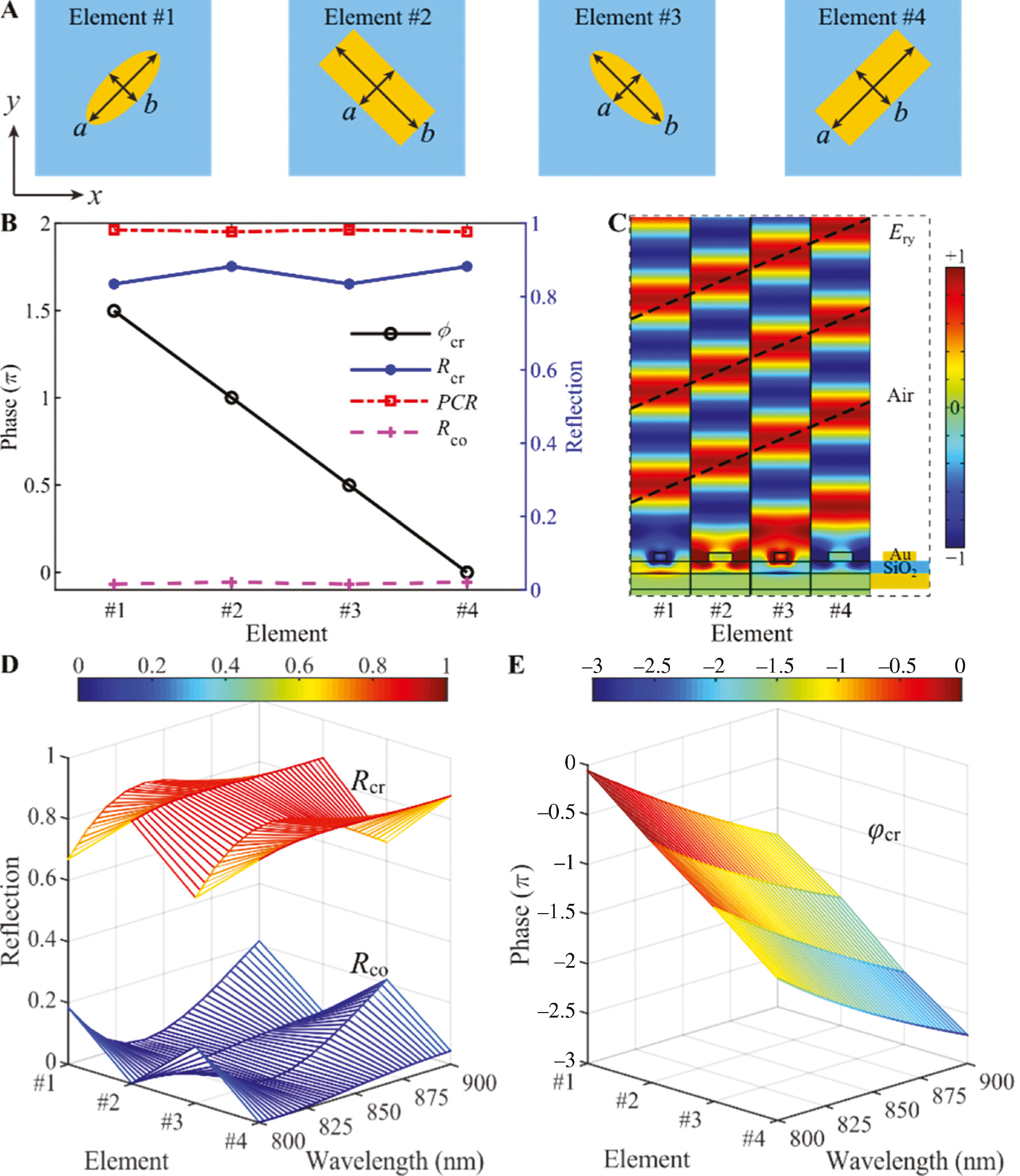 Figure 2: Reflection amplitude and phase responses of the selected meta-atoms.(A) Schematic of the four meta-atoms. The dimensions of element 1–4 are (1) a=228 nm, b=90 nm; (2) a=155 nm, b=360 nm; (3) a=90 nm, b=228 nm; (4) a=360 nm, b=155 nm, indicating that elements 3 and 4 are simply rotated by 90° with respect to elements 1 and 2, respectively. (B) Simulated cross-polarized reflection phase φcr, cross-polarized reflectivity Rcr, co-polarized reflectivity Rco, and linear-polarization conversion ratio PCR of the four elements at λd=850 nm. (C) Simulated electric field distribution (Ey) in each meta-atom at λd=850 nm when an x-polarized plane wave is incident from the top. (D, E) Simulated cross-polarized reflectivity Rcr, co-polarized reflectivity Rco, and cross-polarized reflection phase φcr, respectively, for four meta-atoms as a function of incident wavelength.