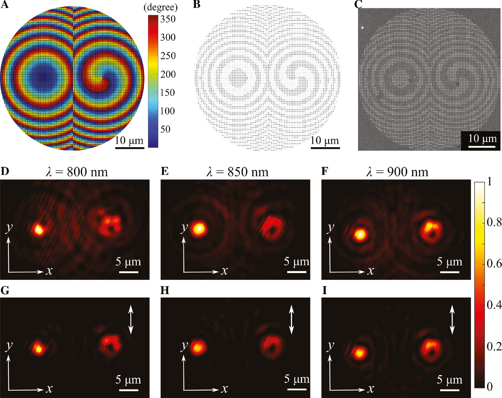 Figure 5: Design, fabrication, and experimental demonstration of the dual-focal metasurface.(A) Calculated phase profile, (B) designed pattern, and (C) SEM image of the dual-focal metasurface that simultaneously generates dual-focal spots with different intensity profiles for the cross-polarized reflected light, where the left sub-metasurface is to create the convention focused Gaussian beam and the right sub-metasurface is responsible for generating a focused vortex beam. The dual-focal metasurface has a diameter of D=50 μm, a focal length of f=60 μm, the topological charge of l=1, and the distance between two foci of s=20 μm. (D–F) Measured intensity profiles at the corresponding focal planes of different wavelengths without polarization analyzer. (G–I) Measured intensity profiles at the corresponding focal planes of different wavelengths when a linear polarizer oriented 90° with respect to the illumination polarization was placed in front of the camera. In (D–I), an x-polarized Gaussian beam is impinging on the sample at normal incidence.